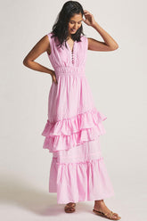 Robe longue d'été boutonnée sans manches à volants pour vacances à la plage - Rose